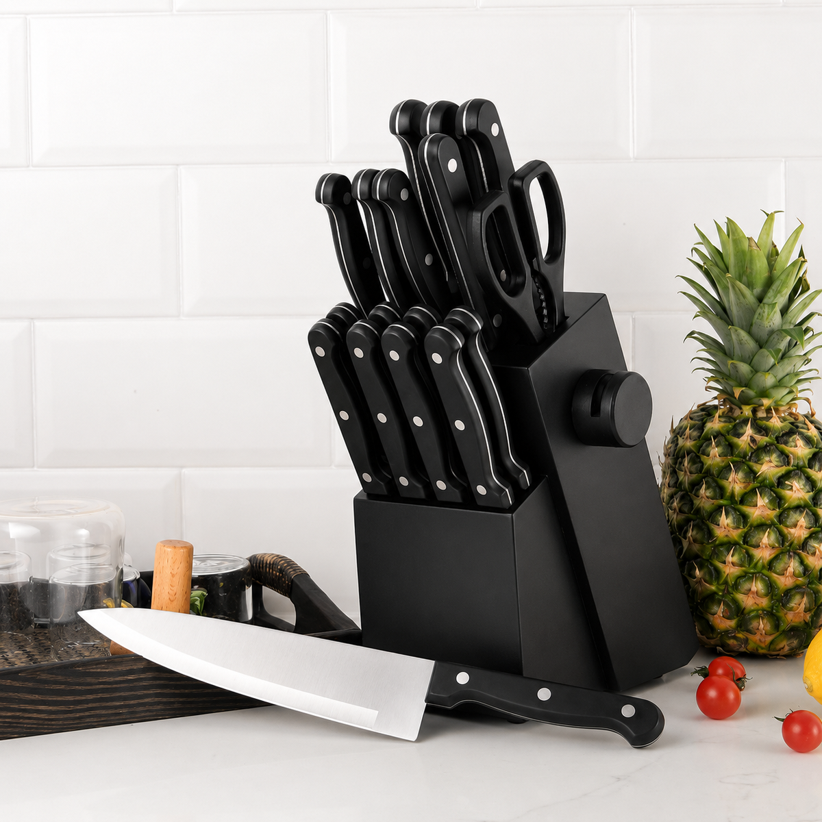 Lumenvel 19-Piece German Steel Knife Set with Wooden Block & Sharpener