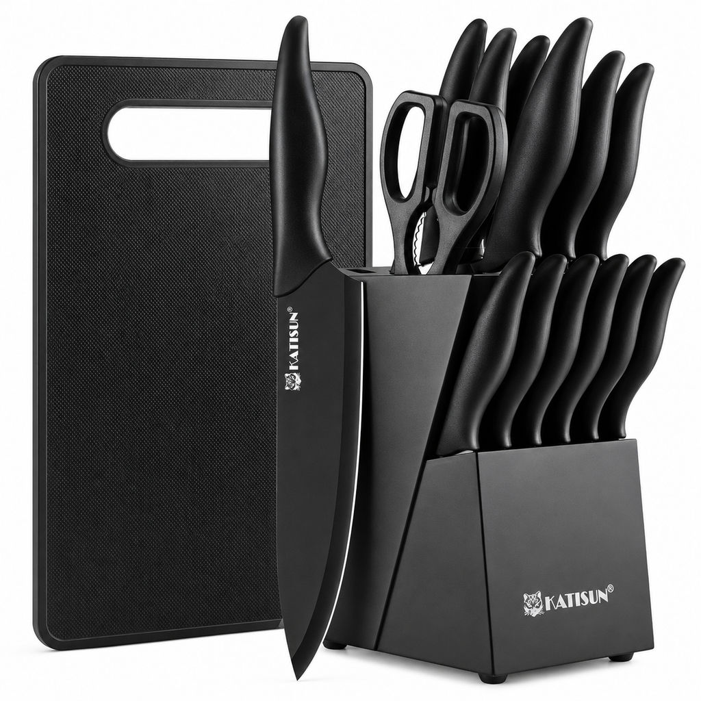 Black kitchen knife set with a cutting board and shears on a white background