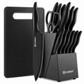 Black kitchen knife set with a cutting board and shears on a white background