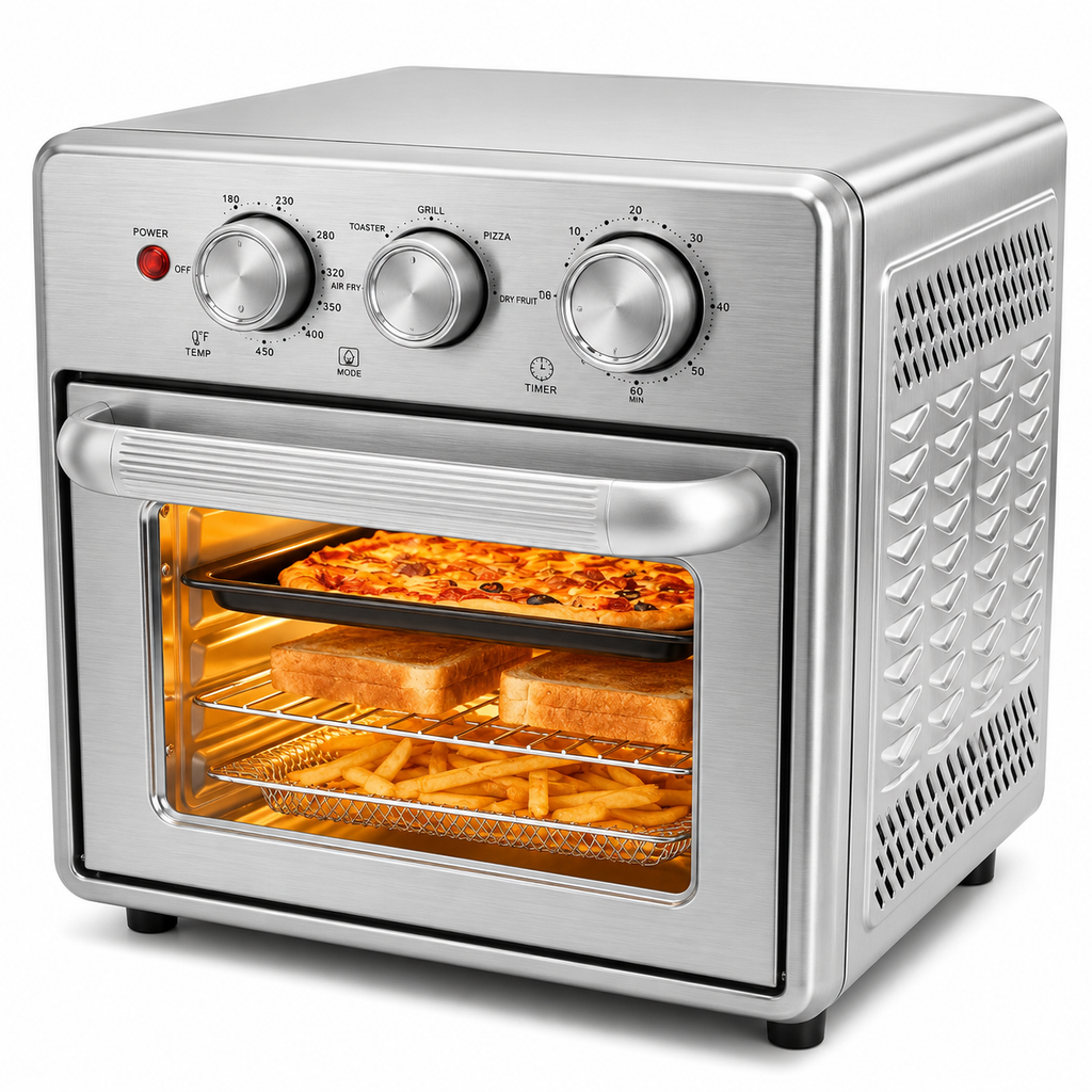 Silver toaster oven with food inside on a white background