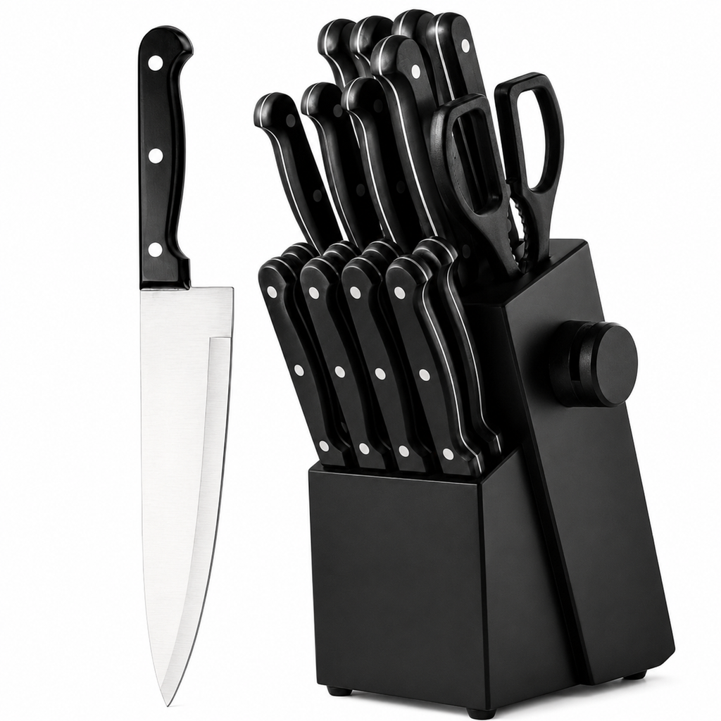 A black kitchen knife block set with multiple black-handled knives, shears, and a large chef's knife displayed on a white background.