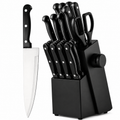 A black kitchen knife block set with multiple black-handled knives, shears, and a large chef's knife displayed on a white background.