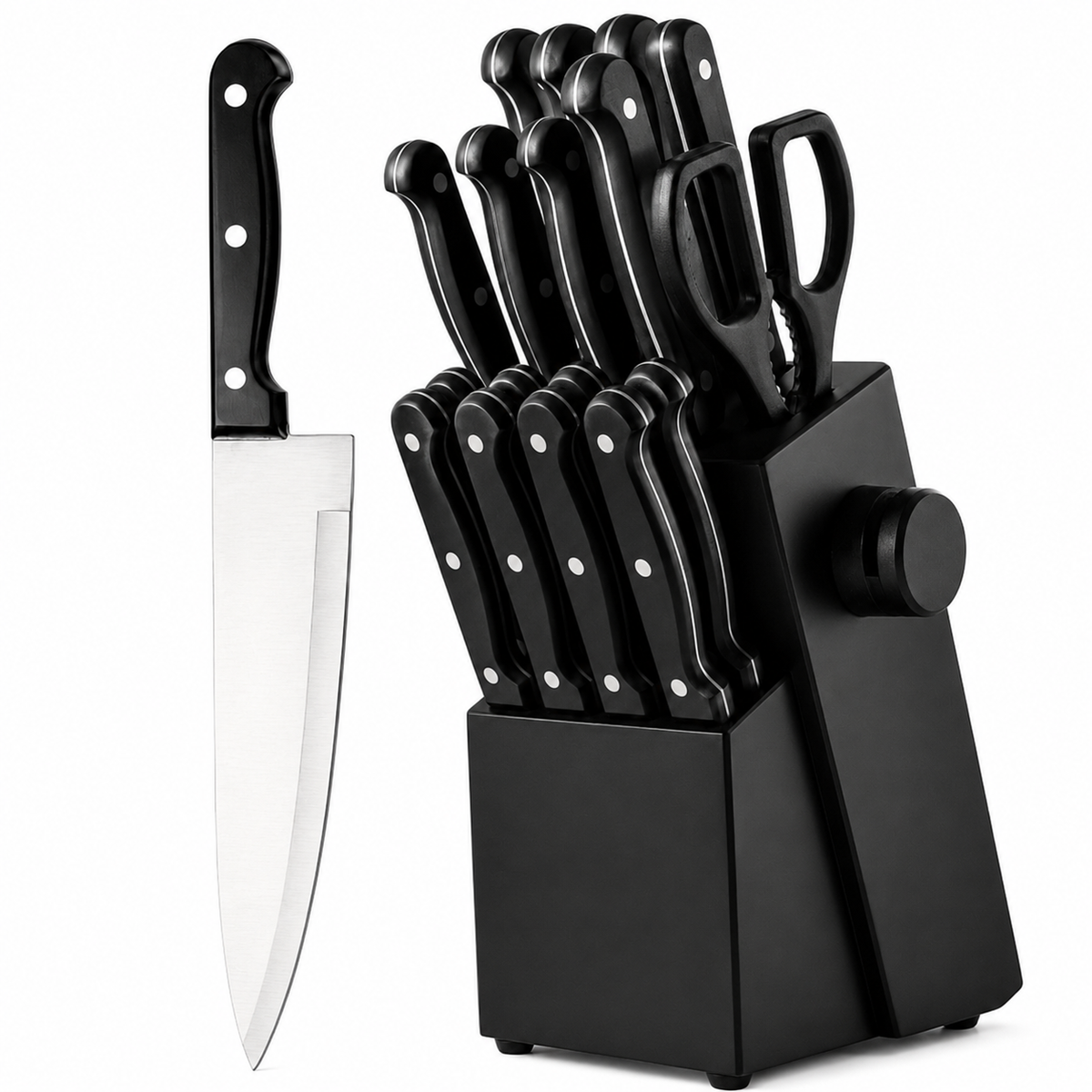 A black kitchen knife block set with multiple black-handled knives, shears, and a large chef's knife displayed on a white background.