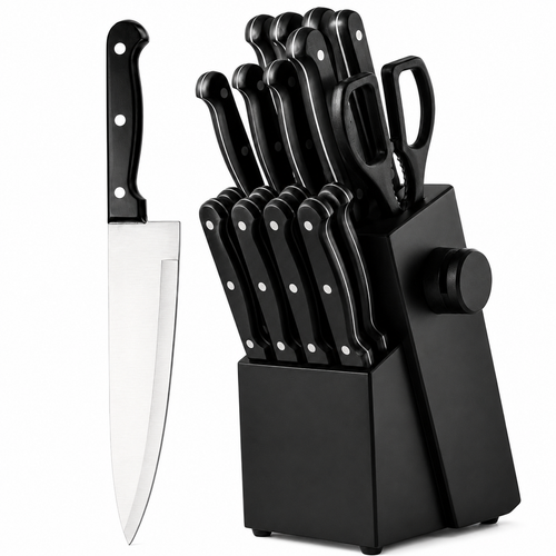 A black kitchen knife block set with multiple black-handled knives, shears, and a large chef's knife displayed on a white background.