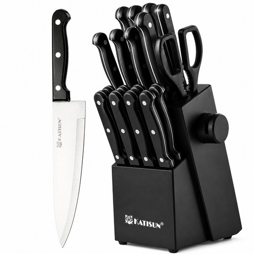 Knife set with black handles and a black knife block on a white background, featuring the Katisun brand.