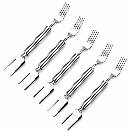 Set of six silver plating forks with square ends on a white background