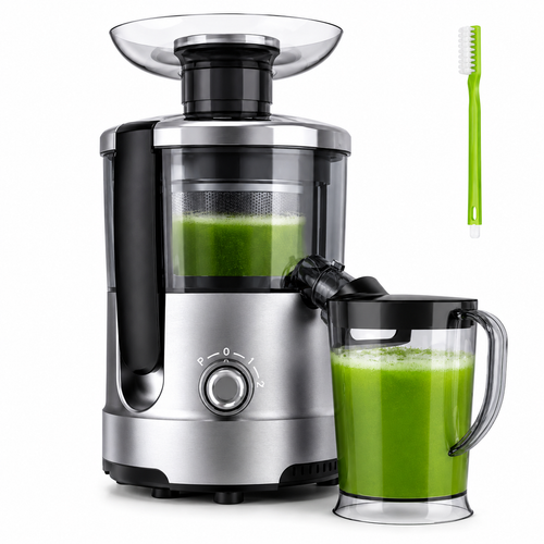 Juicer with green juice and a toothbrush on a white background