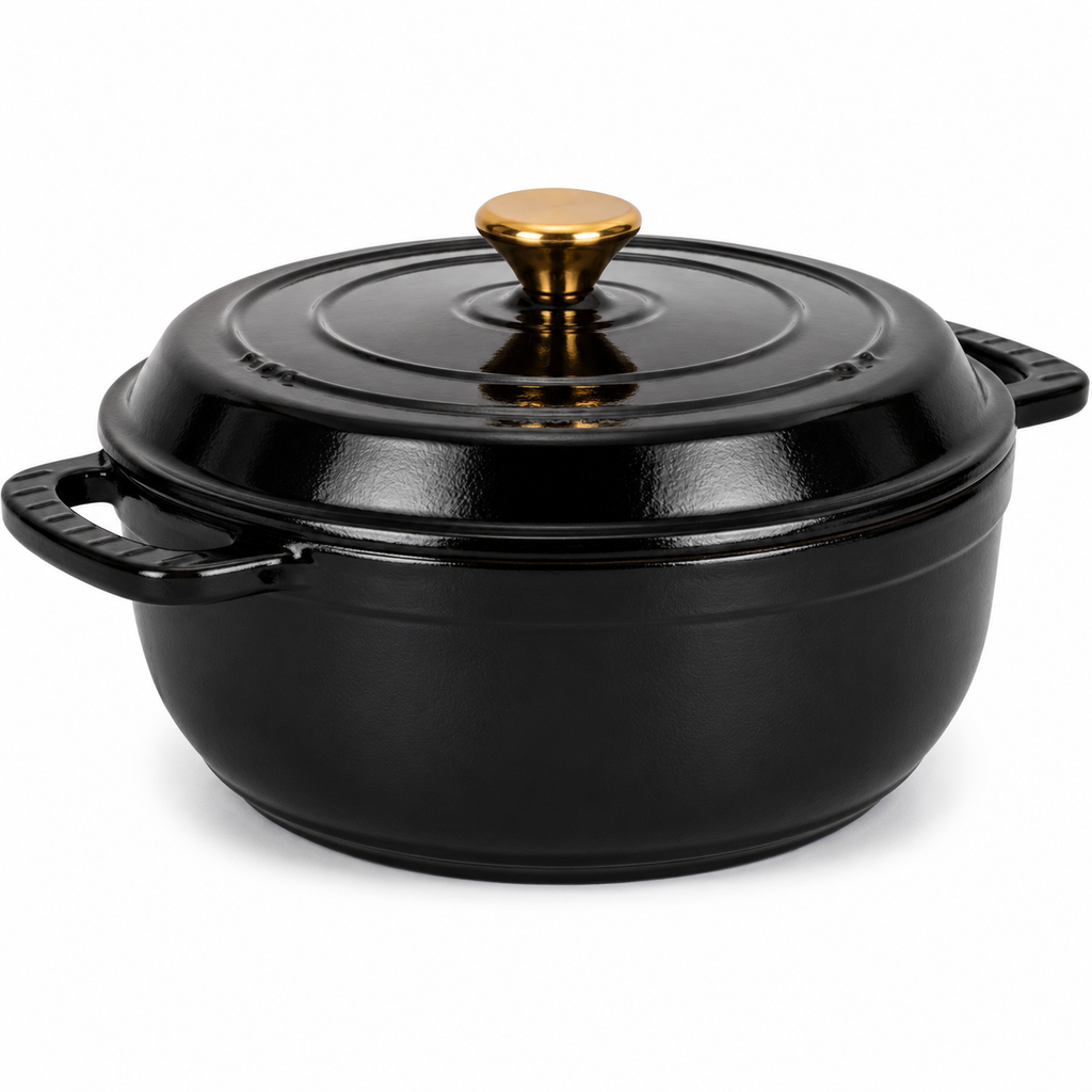 Black cast iron cookware pot with a gold lid knob on a white background