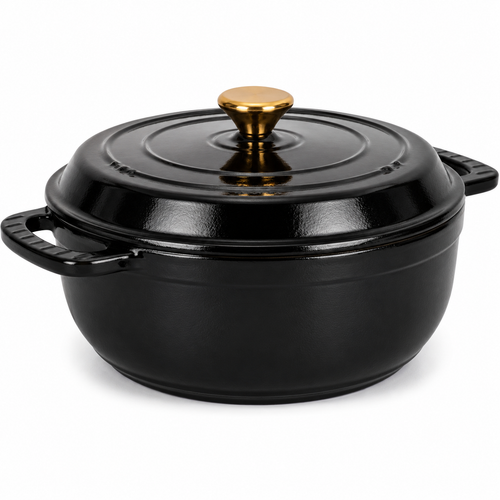 Black cast iron cookware pot with a gold lid knob on a white background