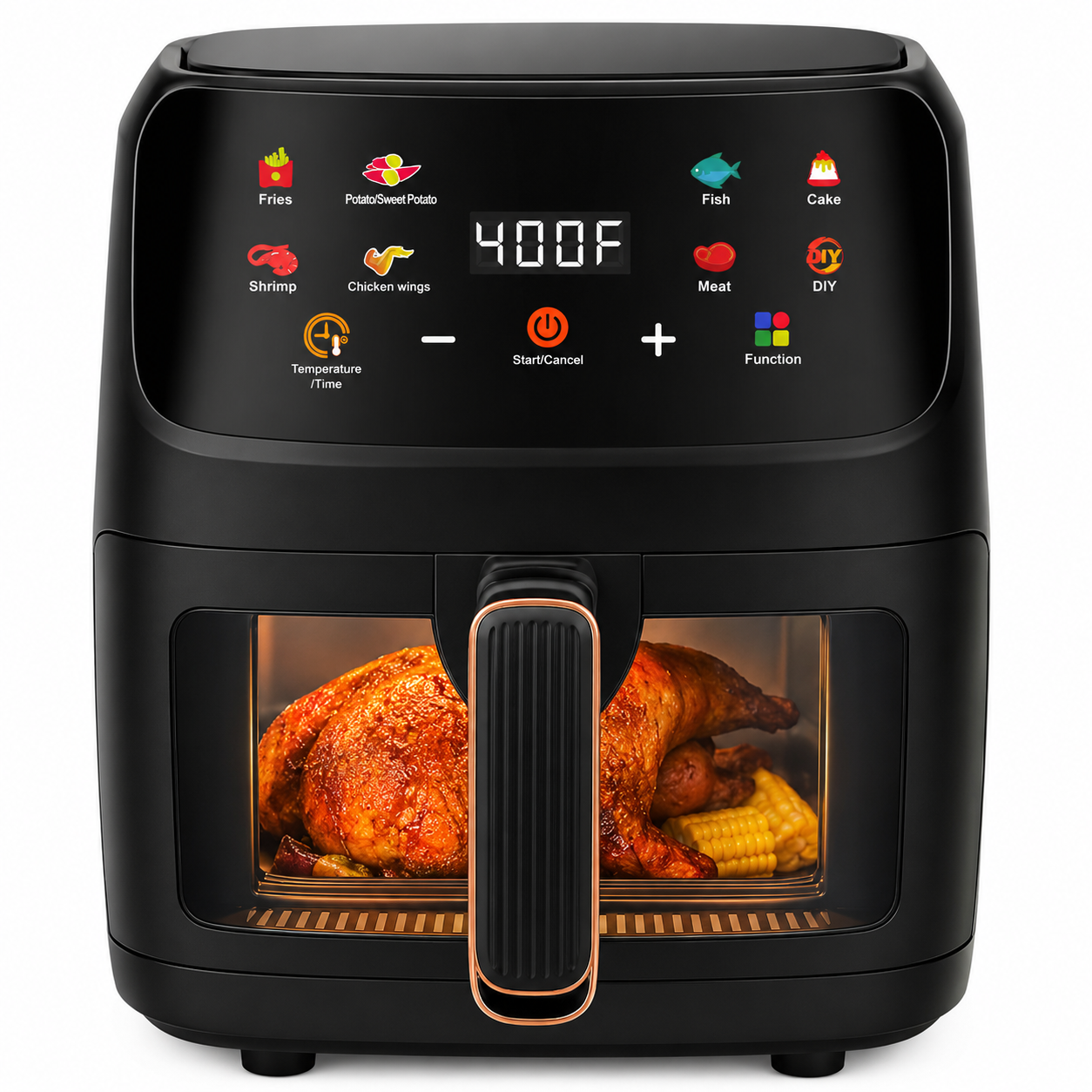 Black air fryer with digital display showing cooking settings and food inside.