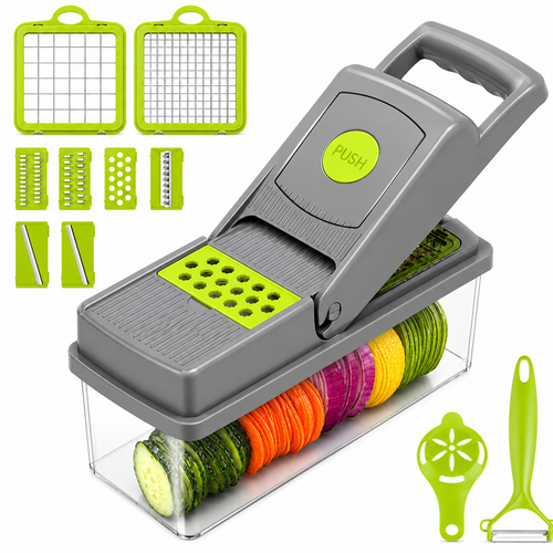 Multifunctional vegetable slicer with various attachments on a white background