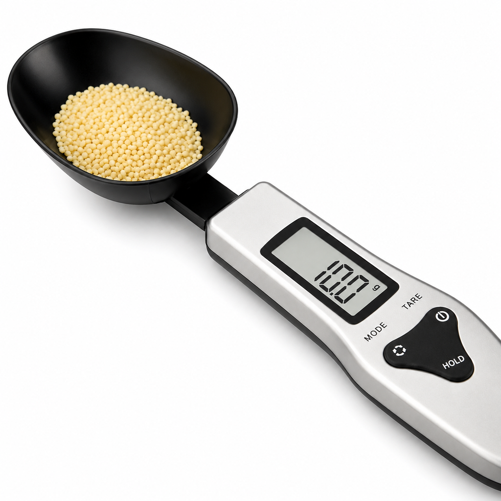 Digital kitchen scale with a black spoon holding grains on a white background