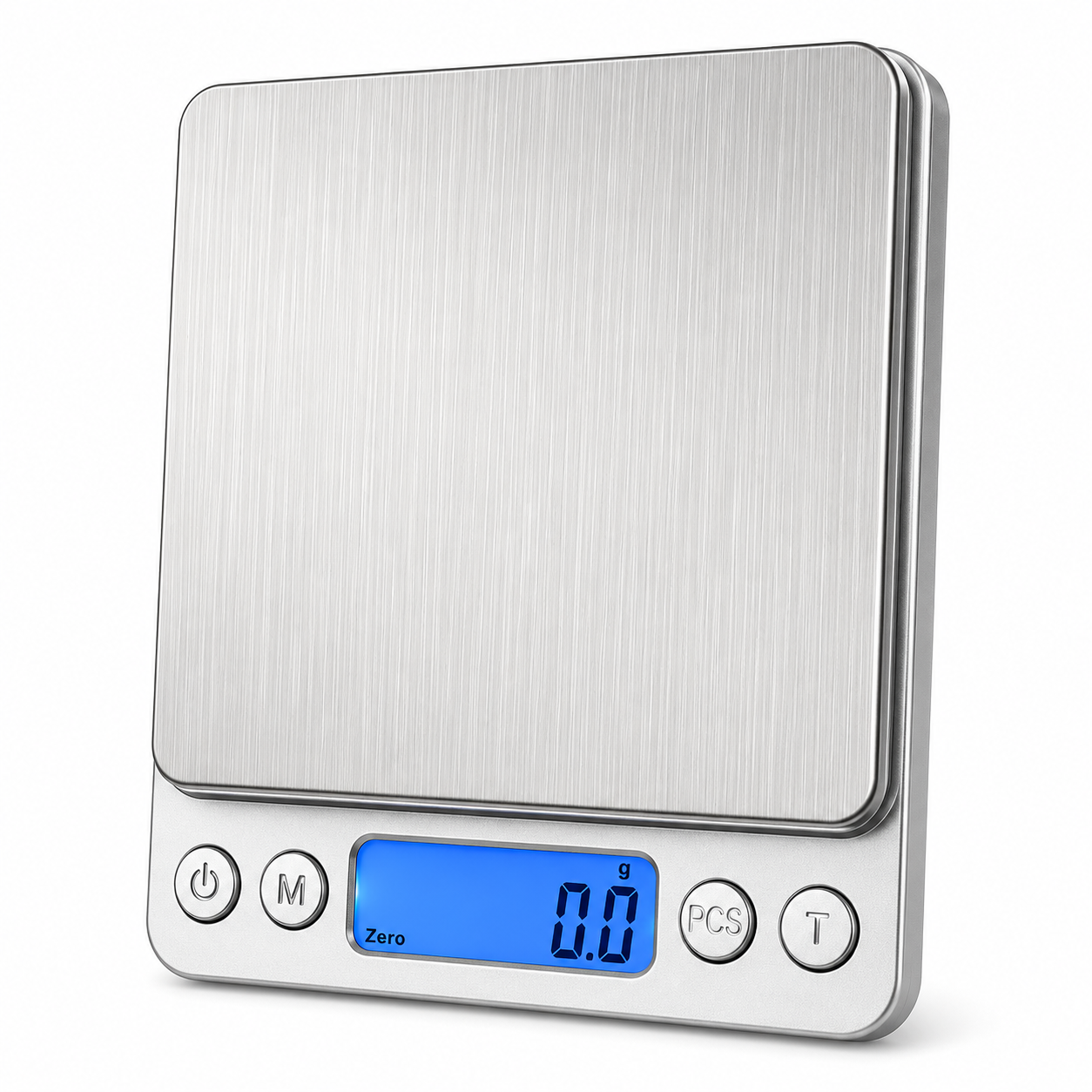 Digital kitchen scale with a metallic finish on a white background