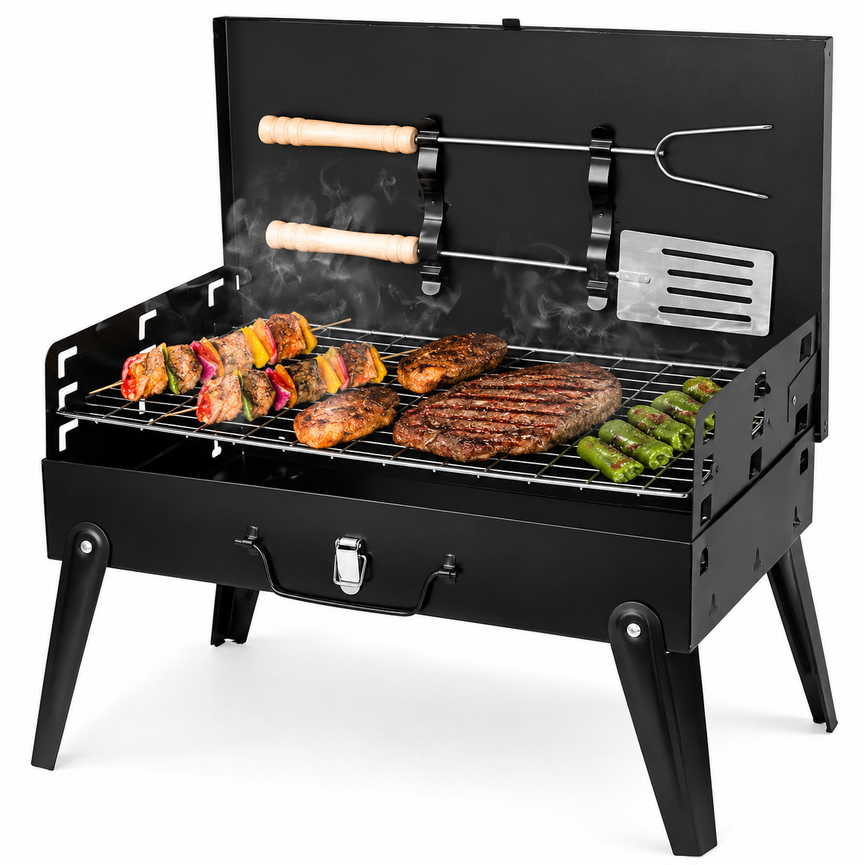 Black portable grill with food being cooked on a white background