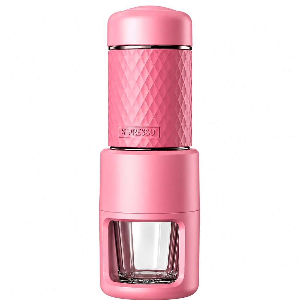 Pink portable coffee maker with diamond pattern on a white background