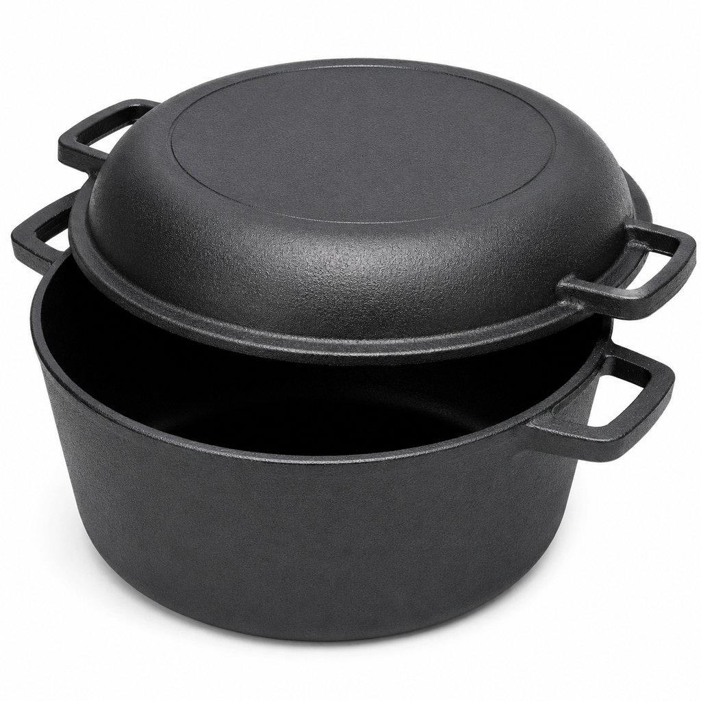 Black cast iron pot with lid on a white background