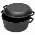 Black cast iron pot with lid on a white background