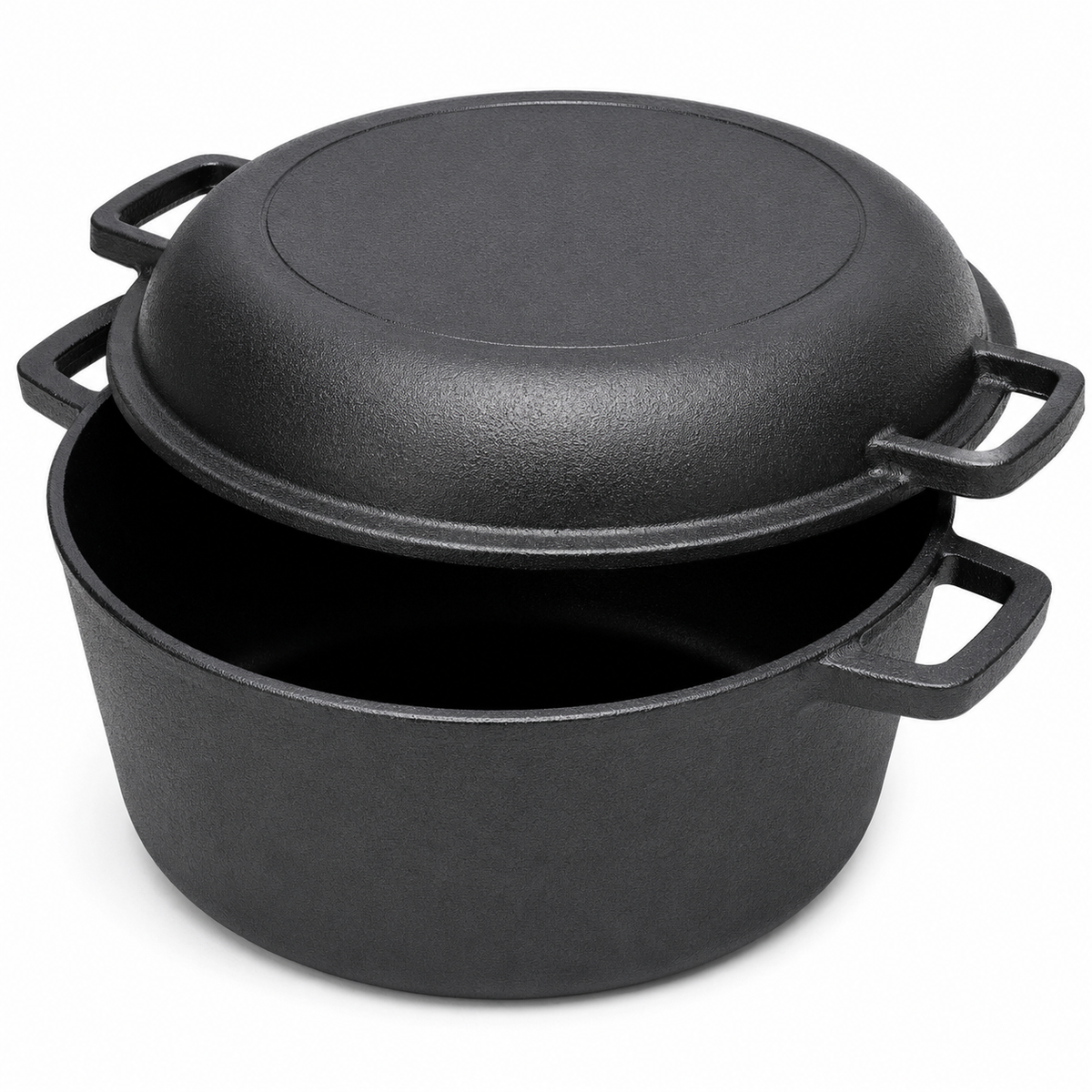 Black cast iron pot with lid on a white background
