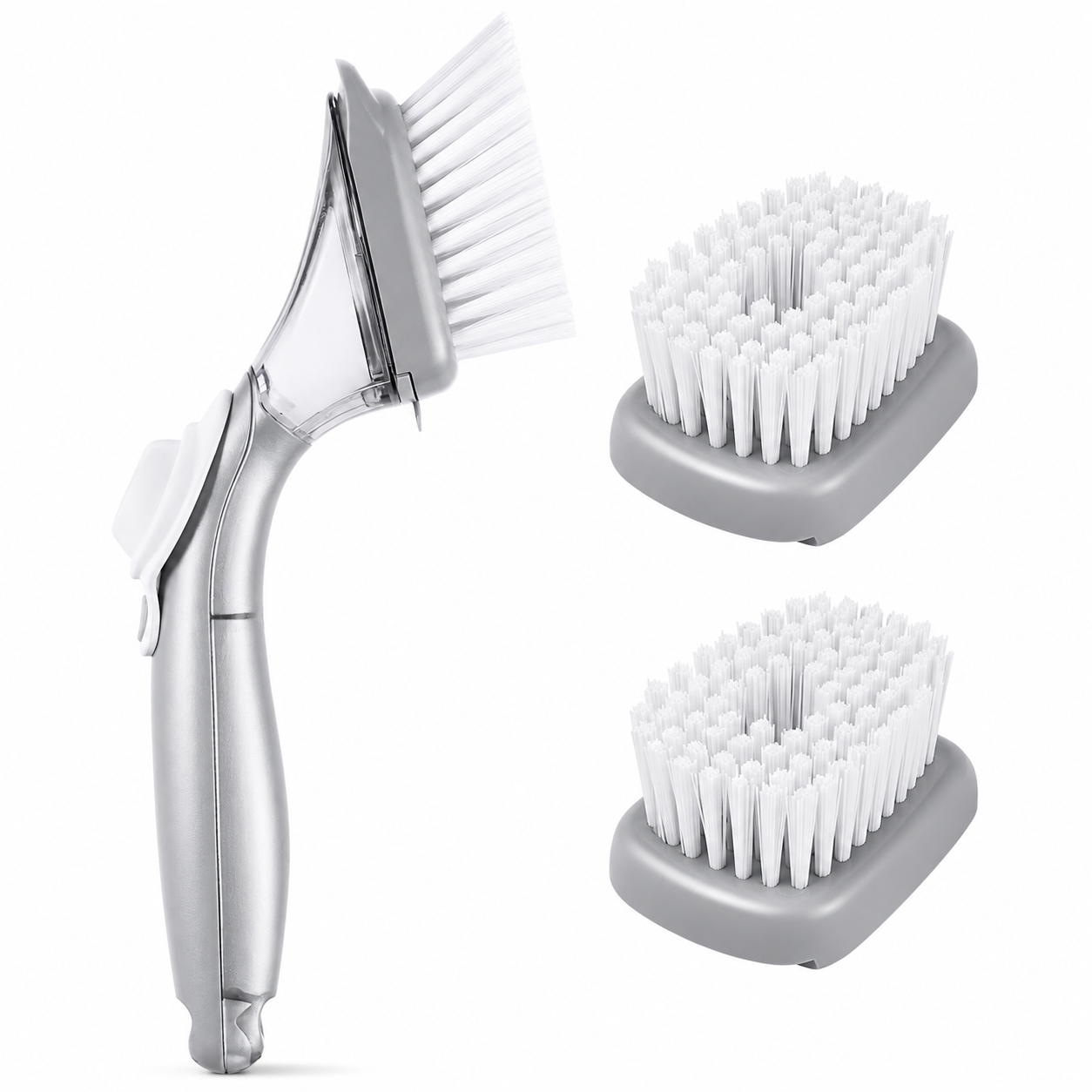 Cleaning brush set with a handle and two scrubber heads on a white background
