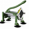 Green and silver manual vegetable slicer on a white background