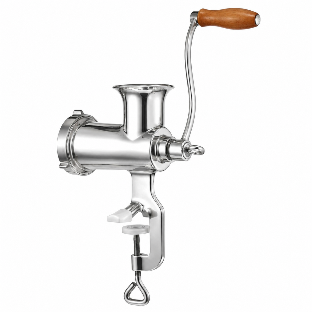 Manual meat grinder with wooden handle on a white background