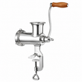 Manual meat grinder with wooden handle on a white background