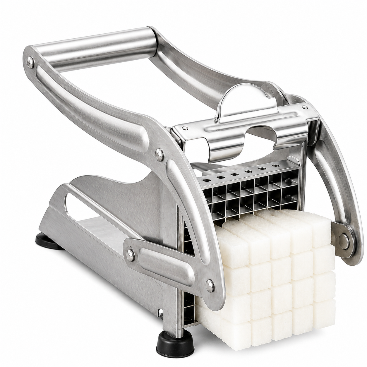 Metal pasta maker with a roll of white pasta on a white background