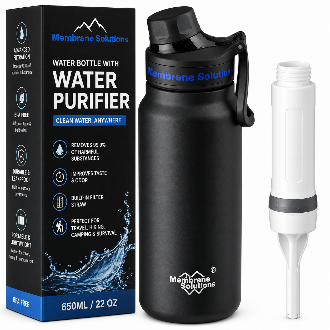 Black water bottle with purifier and packaging displaying 'Membrane Solutions' branding.