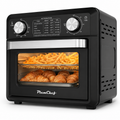 Black PlumChef air fryer with food items inside on a white background