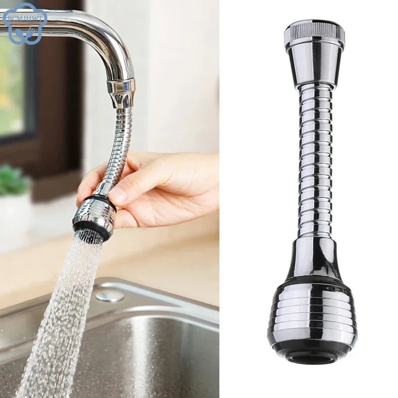 Chrome kitchen faucet extension with water flowing from it, shown in a kitchen setting.