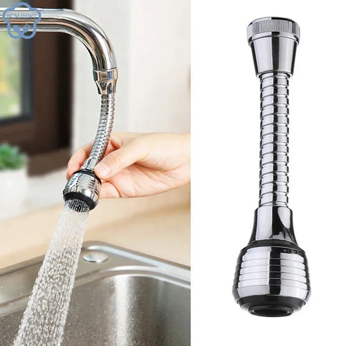 Chrome kitchen faucet extension with water flowing from it, shown in a kitchen setting.
