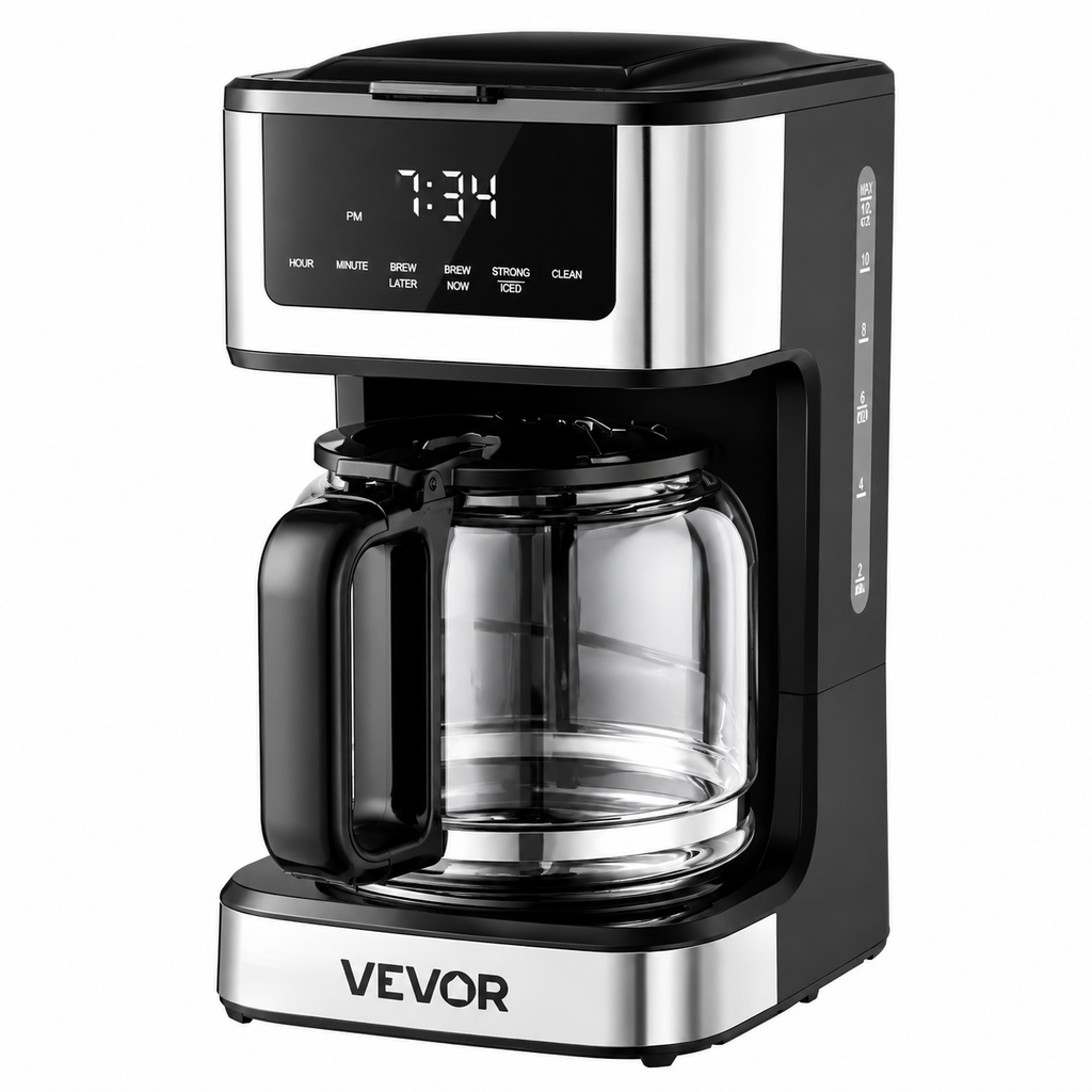 Black and silver Vevor coffee maker on a white background