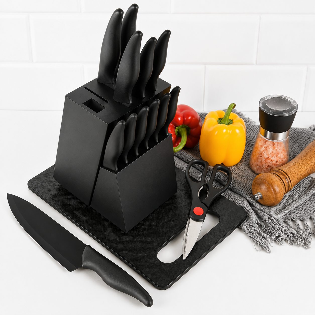Lumenvel 16-Piece German Steel Knife Set with Block, Sharpener & Cutting Board