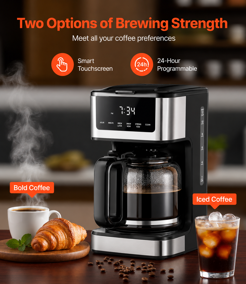 A digital coffee maker with a glass carafe and stainless steel accents, shown on a kitchen counter with coffee cups, a croissant, and ice. Text highlights features like smart touchscreen, 24-hour programmability, bold coffee, and iced coffee.