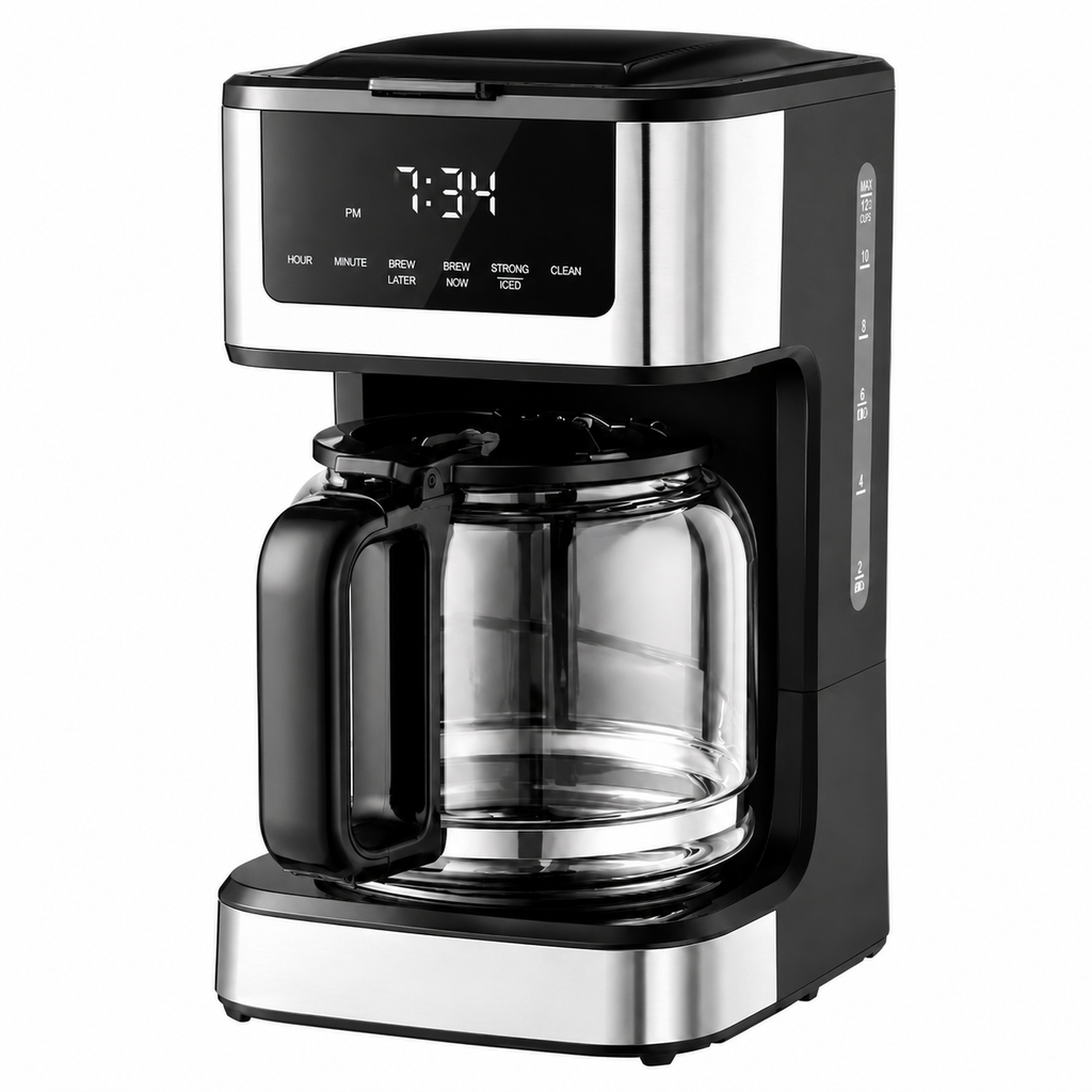 Black and silver Vevor coffee maker on a white background