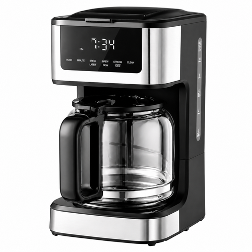 Black and silver Vevor coffee maker on a white background
