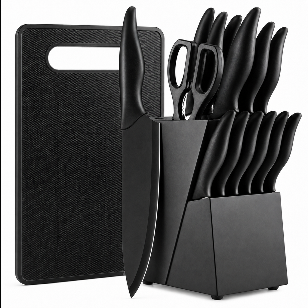 A black kitchen knife set with matching black cutting board, scissors, and block stand on a white background.
