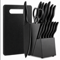 A black kitchen knife set with matching black cutting board, scissors, and block stand on a white background.