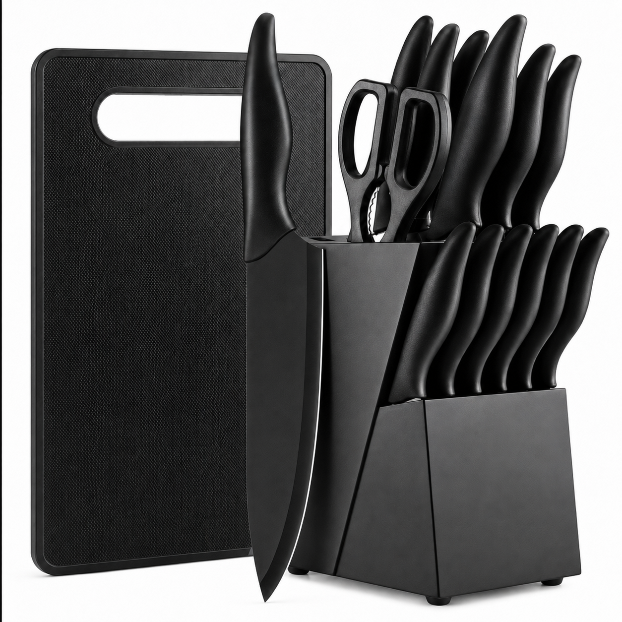 A black kitchen knife set with matching black cutting board, scissors, and block stand on a white background.