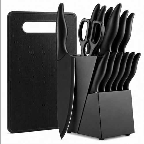 A black kitchen knife set with matching black cutting board, scissors, and block stand on a white background.