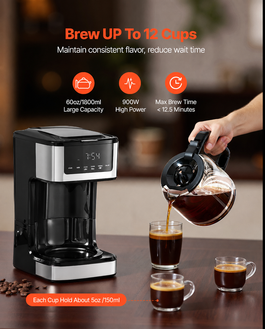 A countertop coffee maker in black and stainless steel is shown brewing coffee, with a hand pouring freshly brewed coffee from a glass carafe into two small cups on a wooden table. Text highlights the machine's large capacity, high power, and fast brew time.