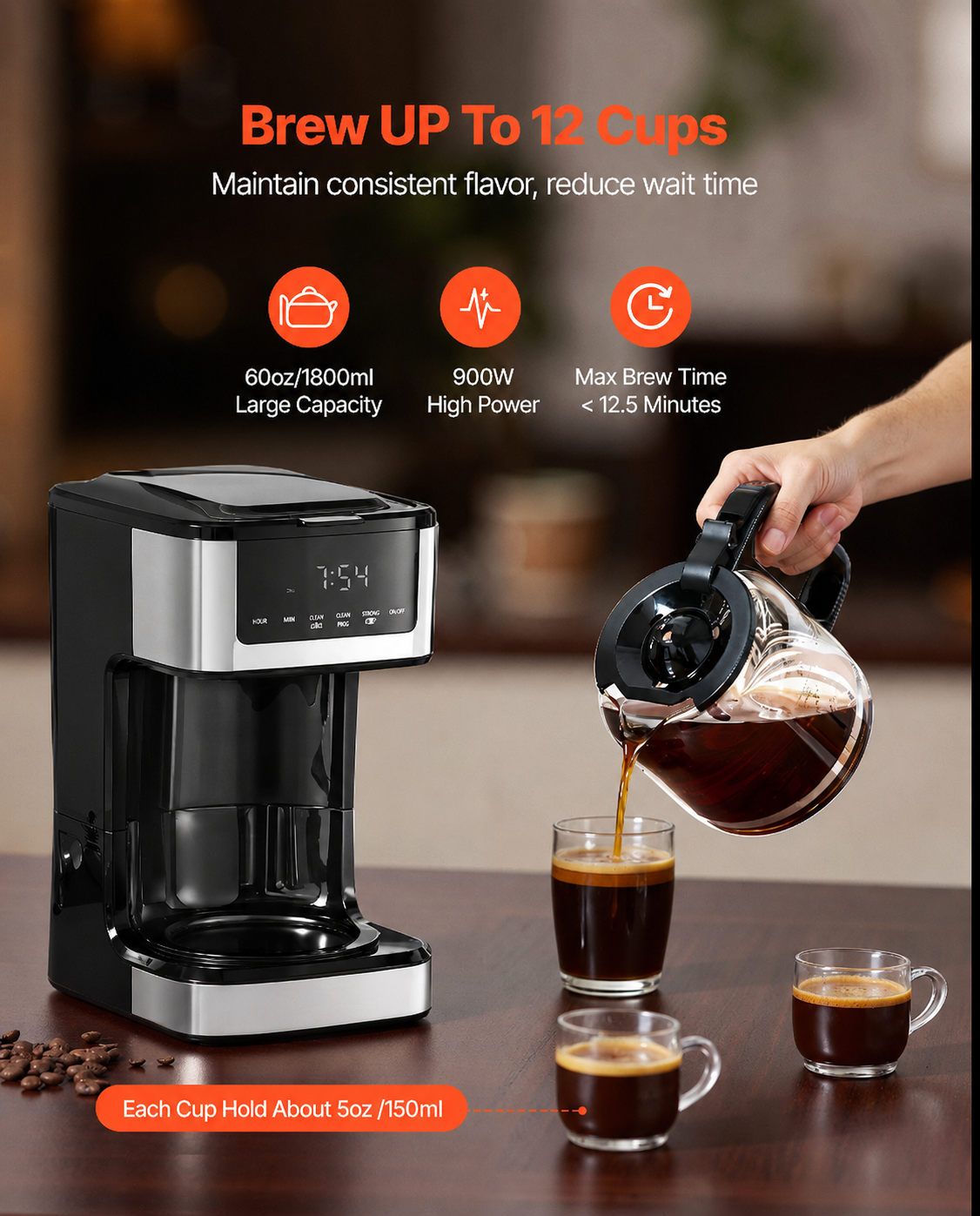 A countertop coffee maker in black and stainless steel is shown brewing coffee, with a hand pouring freshly brewed coffee from a glass carafe into two small cups on a wooden table. Text highlights the machine's large capacity, high power, and fast brew time.